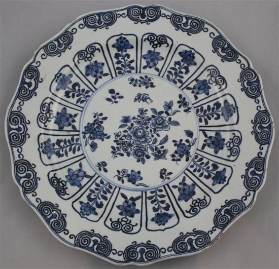 A pair of Chinese export blue and white dishes, Qianlong period, 33.5cm, rim crack to one dish